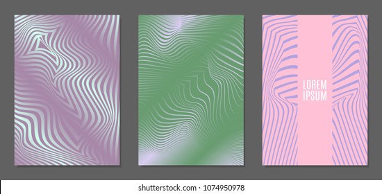 Cover Design Templates Set with Wavy Stripes in Modern Style. Abstract Backgrounds with Distortion of Geometric Shapes. Trendy Covers with Text and Gradient for Brochure, Magazine, Presentation, Book