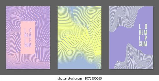 Cover Design Templates Set with Wavy Stripes in Modern Style. Abstract Backgrounds with Distortion of Geometric Shapes. Trendy Covers with Text and Gradient for Brochure, Magazine, Presentation, Book