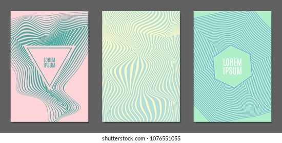 Cover Design Templates Set with Wavy Stripes in Modern Style. Abstract Backgrounds with Distortion of Geometric Shapes. Trendy Covers with Text and Gradient for Brochure, Magazine, Presentation, Book
