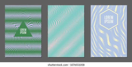 Cover Design Templates Set with Wavy Stripes in Modern Style. Abstract Backgrounds with Distortion of Geometric Shapes. Trendy Covers with Text and Gradient for Brochure, Magazine, Presentation, Book