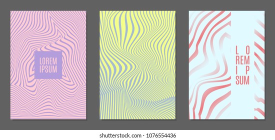 Cover Design Templates Set with Wavy Stripes in Modern Style. Abstract Backgrounds with Distortion of Geometric Shapes. Trendy Covers with Text and Gradient for Brochure, Magazine, Presentation, Book