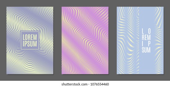 Cover Design Templates Set with Wavy Stripes in Modern Style. Abstract Backgrounds with Distortion of Geometric Shapes. Trendy Covers with Text and Gradient for Brochure, Magazine, Presentation, Book