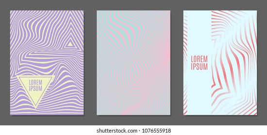 Cover Design Templates Set with Wavy Stripes in Modern Style. Abstract Backgrounds with Distortion of Geometric Shapes. Trendy Covers with Text and Gradient for Brochure, Magazine, Presentation, Book