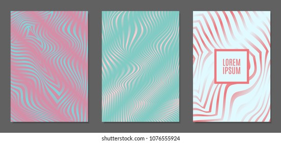 Cover Design Templates Set with Wavy Stripes in Modern Style. Abstract Backgrounds with Distortion of Geometric Shapes. Trendy Covers with Text and Gradient for Brochure, Magazine, Presentation, Book