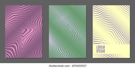Cover Design Templates Set with Wavy Stripes in Modern Style. Abstract Backgrounds with Distortion of Geometric Shapes. Trendy Covers with Text and Gradient for Brochure, Magazine, Presentation, Book