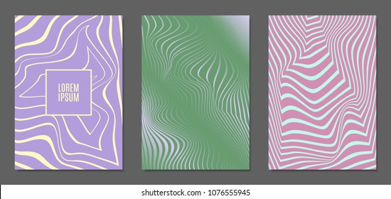 Cover Design Templates Set with Wavy Stripes in Modern Style. Abstract Backgrounds with Distortion of Geometric Shapes. Trendy Covers with Text and Gradient for Brochure, Magazine, Presentation, Book
