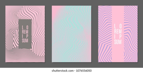 Cover Design Templates Set with Wavy Stripes in Modern Style. Abstract Backgrounds with Distortion of Geometric Shapes. Trendy Covers with Text and Gradient for Brochure, Magazine, Presentation, Book
