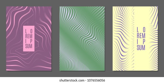 Cover Design Templates Set with Wavy Stripes in Modern Style. Abstract Backgrounds with Distortion of Geometric Shapes. Trendy Covers with Text and Gradient for Brochure, Magazine, Presentation, Book