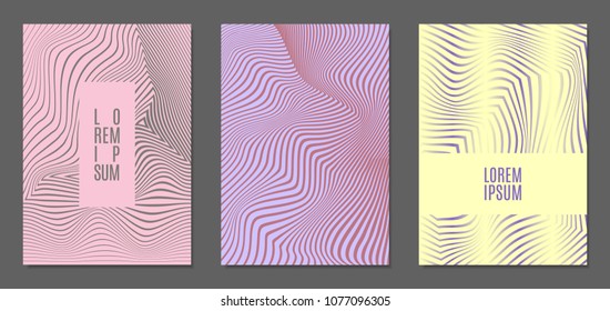 Cover Design Templates Set with Wavy Stripes in Modern Style. Abstract Backgrounds with Distortion of Geometric Shapes. Trendy Covers with Text and Gradient for Brochure, Magazine, Presentation, Book