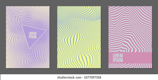 Cover Design Templates Set with Wavy Stripes in Modern Style. Abstract Backgrounds with Distortion of Geometric Shapes. Trendy Covers with Text and Gradient for Brochure, Magazine, Presentation, Book