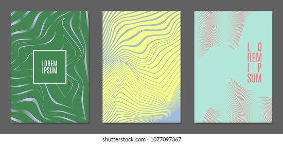 Cover Design Templates Set with Wavy Stripes in Modern Style. Abstract Backgrounds with Distortion of Geometric Shapes. Trendy Covers with Text and Gradient for Brochure, Magazine, Presentation, Book