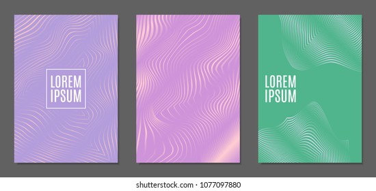 Cover Design Templates Set with Wavy Stripes in Modern Style. Abstract Backgrounds with Distortion of Geometric Shapes. Trendy Covers with Text and Gradient for Brochure, Magazine, Presentation, Book