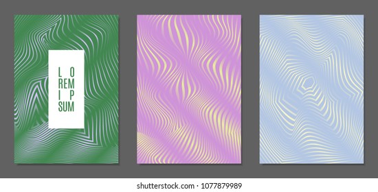 Cover Design Templates Set with Wavy Stripes in Modern Style. Abstract Backgrounds with Distortion of Geometric Shapes. Trendy Covers with Text and Gradient for Brochure, Magazine, Presentation, Book