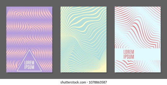 Cover Design Templates Set with Wavy Stripes in Modern Style. Abstract Backgrounds with Distortion of Geometric Shapes. Trendy Covers with Text and Gradient for Brochure, Magazine, Presentation, Book