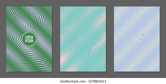 Cover Design Templates Set with Wavy Stripes in Modern Style. Abstract Backgrounds with Distortion of Geometric Shapes. Trendy Covers with Text and Gradient for Brochure, Magazine, Presentation, Book
