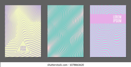 Cover Design Templates Set with Wavy Stripes in Modern Style. Abstract Backgrounds with Distortion of Geometric Shapes. Trendy Covers with Text and Gradient for Brochure, Magazine, Presentation, Book