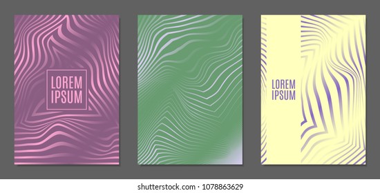 Cover Design Templates Set with Wavy Stripes in Modern Style. Abstract Backgrounds with Distortion of Geometric Shapes. Trendy Covers with Text and Gradient for Brochure, Magazine, Presentation, Book