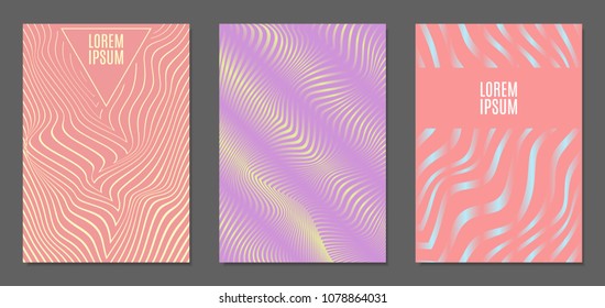 Cover Design Templates Set with Wavy Stripes in Modern Style. Abstract Backgrounds with Distortion of Geometric Shapes. Trendy Covers with Text and Gradient for Brochure, Magazine, Presentation, Book