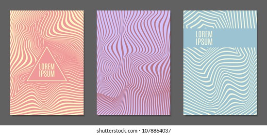 Cover Design Templates Set with Wavy Stripes in Modern Style. Abstract Backgrounds with Distortion of Geometric Shapes. Trendy Covers with Text and Gradient for Brochure, Magazine, Presentation, Book