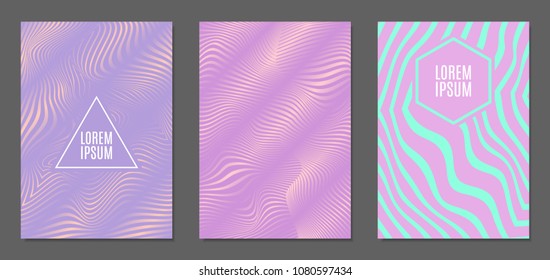 Cover Design Templates Set with Wavy Stripes in Modern Style. Abstract Backgrounds with Distortion of Geometric Shapes. Trendy Covers with Text and Gradient for Brochure, Magazine, Presentation, Book
