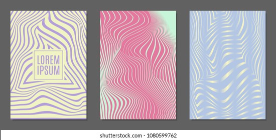 Cover Design Templates Set with Wavy Stripes in Modern Style. Abstract Backgrounds with Distortion of Geometric Shapes. Trendy Covers with Text and Gradient for Brochure, Magazine, Presentation, Book