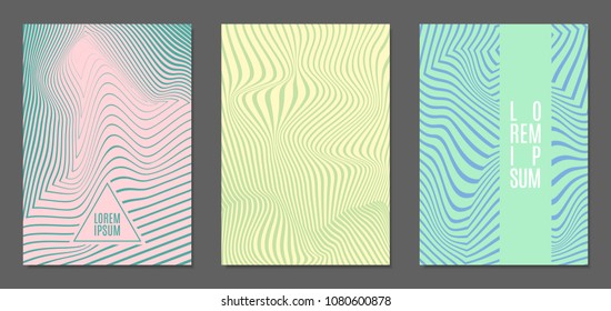 Cover Design Templates Set with Wavy Stripes in Modern Style. Abstract Backgrounds with Distortion of Geometric Shapes. Trendy Covers with Text and Gradient for Brochure, Magazine, Presentation, Book