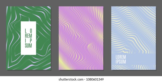 Cover Design Templates Set with Wavy Stripes in Modern Style. Abstract Backgrounds with Distortion of Geometric Shapes. Trendy Covers with Text and Gradient for Brochure, Magazine, Presentation, Book