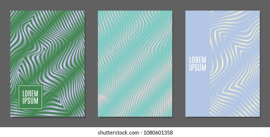 Cover Design Templates Set with Wavy Stripes in Modern Style. Abstract Backgrounds with Distortion of Geometric Shapes. Trendy Covers with Text and Gradient for Brochure, Magazine, Presentation, Book