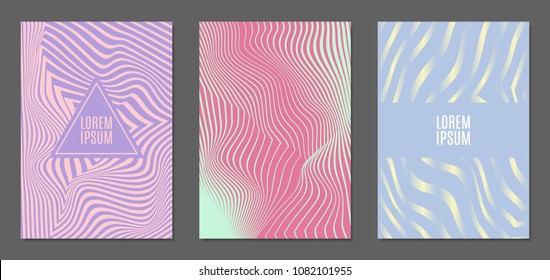 Cover Design Templates Set with Wavy Stripes in Modern Style. Abstract Backgrounds with Distortion of Geometric Shapes. Trendy Covers with Text and Gradient for Brochure, Magazine, Presentation, Book