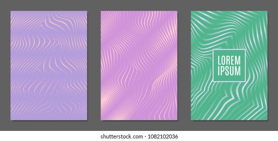 Cover Design Templates Set with Wavy Stripes in Modern Style. Abstract Backgrounds with Distortion of Geometric Shapes. Trendy Covers with Text and Gradient for Brochure, Magazine, Presentation, Book