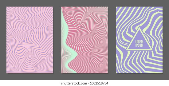 Cover Design Templates Set with Wavy Stripes in Modern Style. Abstract Backgrounds with Distortion of Geometric Shapes. Trendy Covers with Text and Gradient for Brochure, Magazine, Presentation, Book