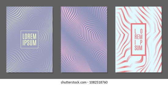 Cover Design Templates Set with Wavy Stripes in Modern Style. Abstract Backgrounds with Distortion of Geometric Shapes. Trendy Covers with Text and Gradient for Brochure, Magazine, Presentation, Book