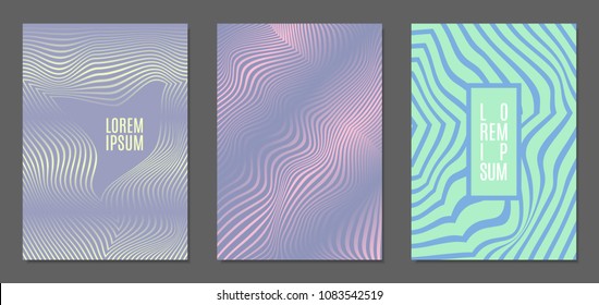 Cover Design Templates Set with Wavy Stripes in Modern Style. Abstract Backgrounds with Distortion of Geometric Shapes. Trendy Covers with Text and Gradient for Brochure, Magazine, Presentation, Book