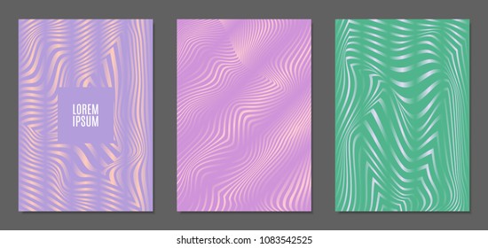 Cover Design Templates Set with Wavy Stripes in Modern Style. Abstract Backgrounds with Distortion of Geometric Shapes. Trendy Covers with Text and Gradient for Brochure, Magazine, Presentation, Book