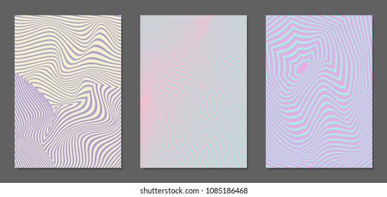 Cover Design Templates Set with Wavy Stripes in Modern Style. Abstract Backgrounds with Distortion of Geometric Shapes. Trendy Covers with Text and Gradient for Brochure, Magazine, Presentation, Book
