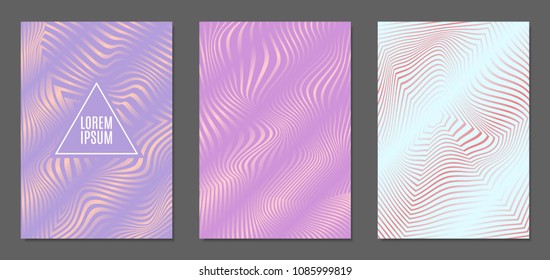 Cover Design Templates Set with Wavy Stripes in Modern Style. Abstract Backgrounds with Distortion of Geometric Shapes. Trendy Covers with Text and Gradient for Brochure, Magazine, Presentation, Book