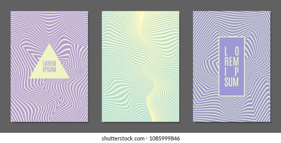 Cover Design Templates Set with Wavy Stripes in Modern Style. Abstract Backgrounds with Distortion of Geometric Shapes. Trendy Covers with Text and Gradient for Brochure, Magazine, Presentation, Book