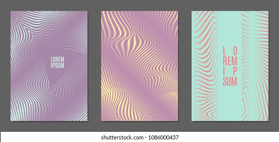 Cover Design Templates Set with Wavy Stripes in Modern Style. Abstract Backgrounds with Distortion of Geometric Shapes. Trendy Covers with Text and Gradient for Brochure, Magazine, Presentation, Book