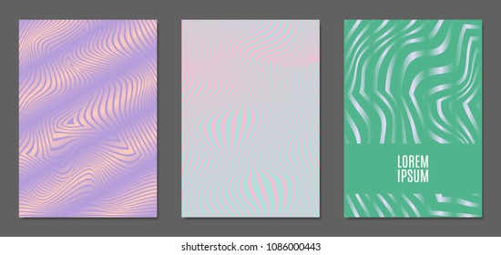 Cover Design Templates Set with Wavy Stripes in Modern Style. Abstract Backgrounds with Distortion of Geometric Shapes. Trendy Covers with Text and Gradient for Brochure, Magazine, Presentation, Book