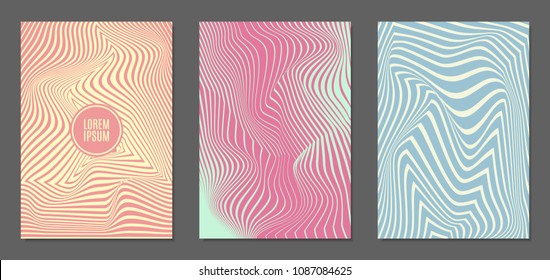 Cover Design Templates Set with Wavy Stripes in Modern Style. Abstract Backgrounds with Distortion of Geometric Shapes. Trendy Covers with Text and Gradient for Brochure, Magazine, Presentation, Book