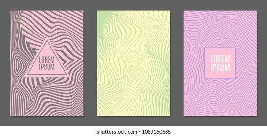 Cover Design Templates Set with Wavy Stripes in Modern Style. Abstract Backgrounds with Distortion of Geometric Shapes. Trendy Covers with Text and Gradient for Brochure, Magazine, Presentation, Book