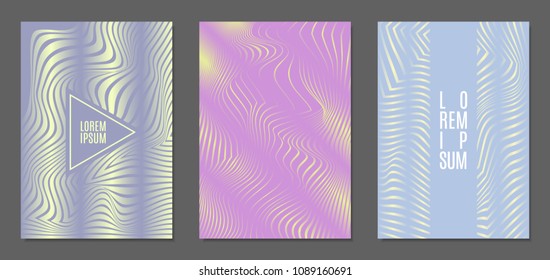 Cover Design Templates Set with Wavy Stripes in Modern Style. Abstract Backgrounds with Distortion of Geometric Shapes. Trendy Covers with Text and Gradient for Brochure, Magazine, Presentation, Book