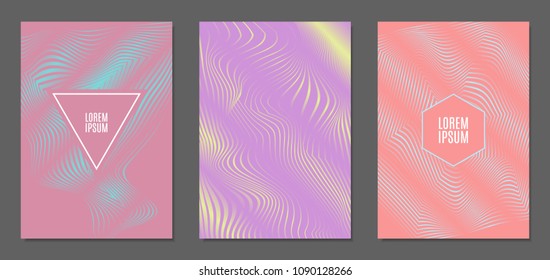 Cover Design Templates Set with Wavy Stripes in Modern Style. Abstract Backgrounds with Distortion of Geometric Shapes. Trendy Covers with Text and Gradient for Brochure, Magazine, Presentation, Book