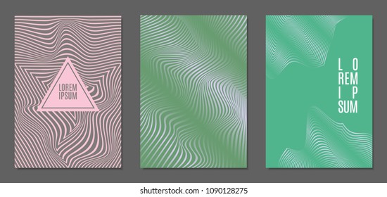 Cover Design Templates Set with Wavy Stripes in Modern Style. Abstract Backgrounds with Distortion of Geometric Shapes. Trendy Covers with Text and Gradient for Brochure, Magazine, Presentation, Book