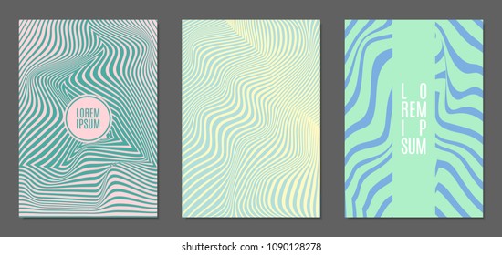 Cover Design Templates Set with Wavy Stripes in Modern Style. Abstract Backgrounds with Distortion of Geometric Shapes. Trendy Covers with Text and Gradient for Brochure, Magazine, Presentation, Book