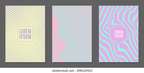 Cover Design Templates Set with Wavy Stripes in Modern Style. Abstract Backgrounds with Distortion of Geometric Shapes. Trendy Covers with Text and Gradient for Brochure, Magazine, Presentation, Book