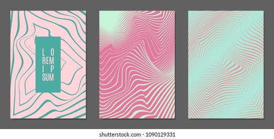Cover Design Templates Set with Wavy Stripes in Modern Style. Abstract Backgrounds with Distortion of Geometric Shapes. Trendy Covers with Text and Gradient for Brochure, Magazine, Presentation, Book