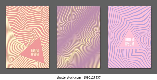 Cover Design Templates Set with Wavy Stripes in Modern Style. Abstract Backgrounds with Distortion of Geometric Shapes. Trendy Covers with Text and Gradient for Brochure, Magazine, Presentation, Book