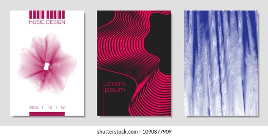 Plantillas de diseño de portada con bandas onduladas en estilo moderno. Movimiento. Fondos abstractos con líneas de flujo y texto distorsionados. Tapas de moda para Folletos, Revista, Presentación, Afiche Musical, Libro.