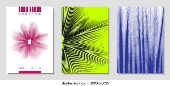 Cover Design Templates Set with Wavy Stripes in Modern Style. Movement. Abstract Backgrounds with Distorted Flow Lines and Text. Trendy Covers for Brochure, Magazine, Presentation, Music Poster, Book.